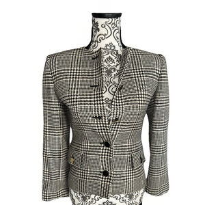 Jasper For A.S.L Size 6 Tartan Print Wool Blend Blazer Black And White Print